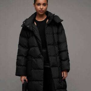 AllSaints Black Longline Hooded Down Coat | Size 4